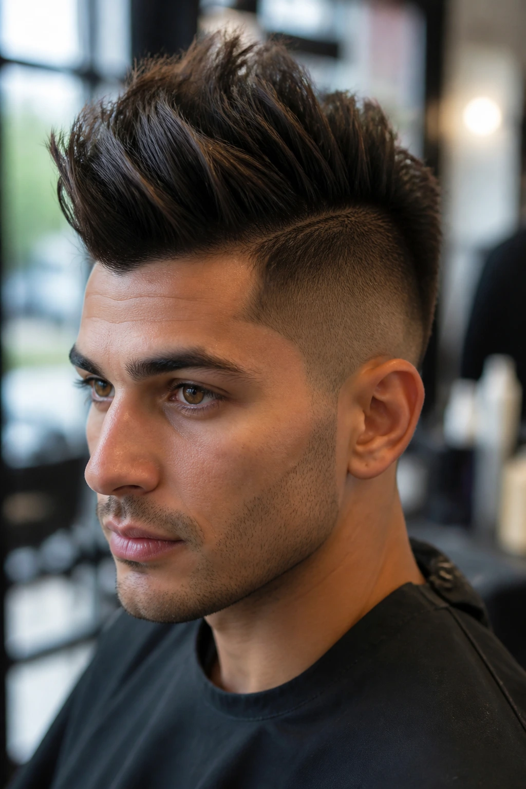 Close-up portrait of a real person with a textured faux hawk sweep and shaved sides in warm salon lighting