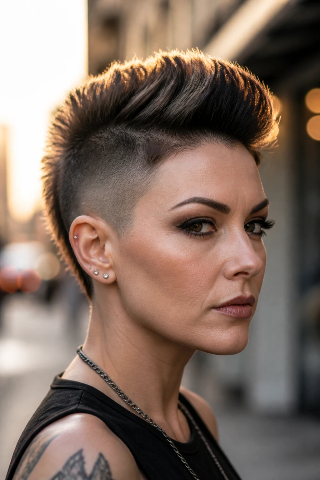 Portrait of a real person with a faux hawk and tapered sides against an urban backdrop