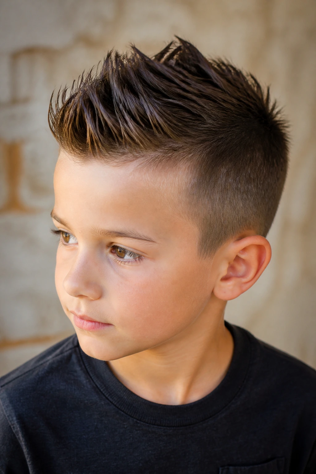 Close-up of a child with a faux hawk and tapered sides in warm window light