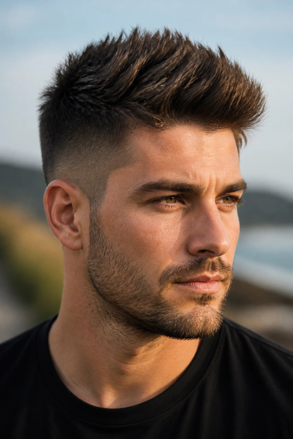 Close-up of a man with a thick faux hawk in outdoor daylight