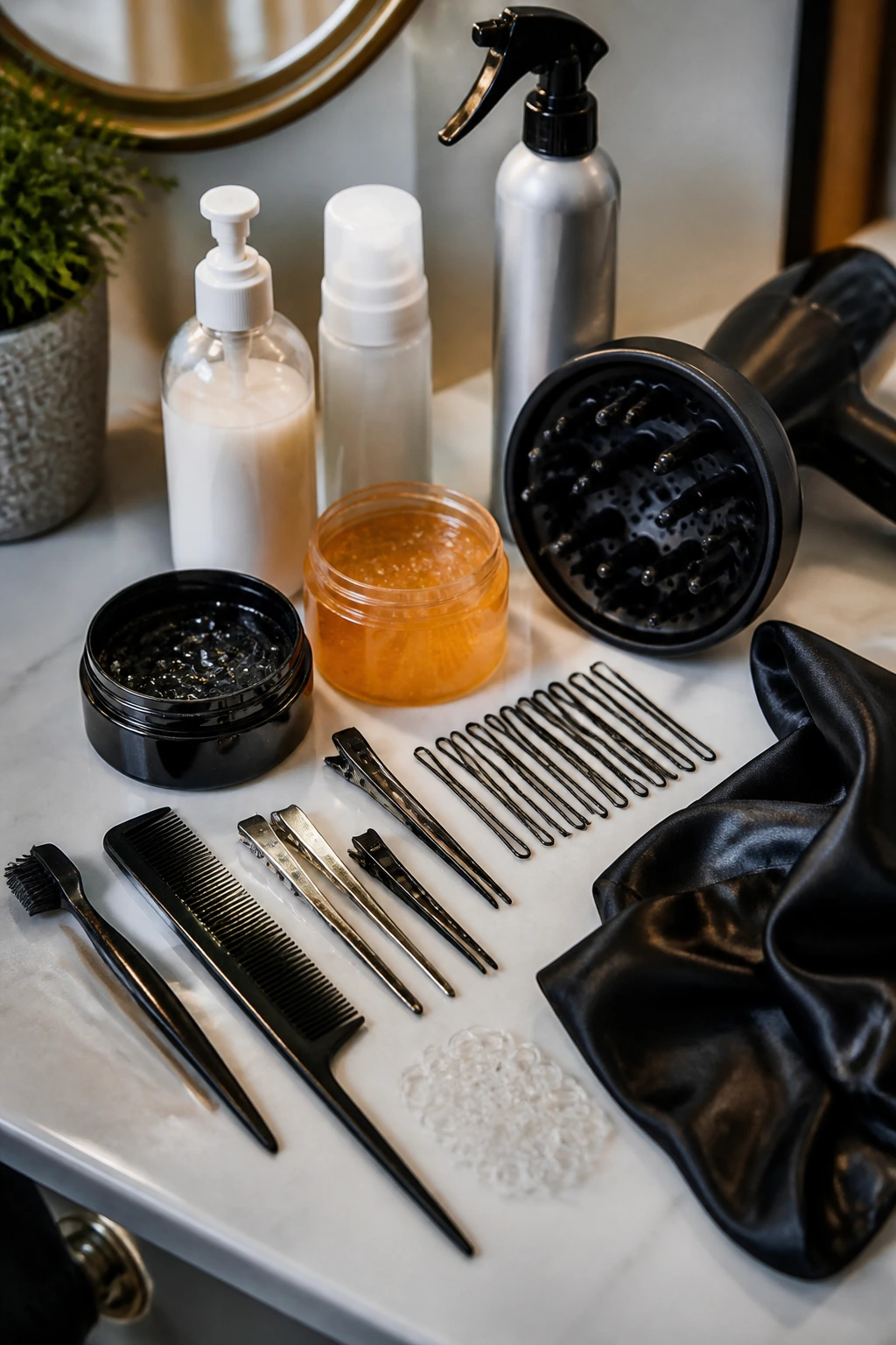 Close-up still life of essential curly faux hawk styling tools arranged on a vanity