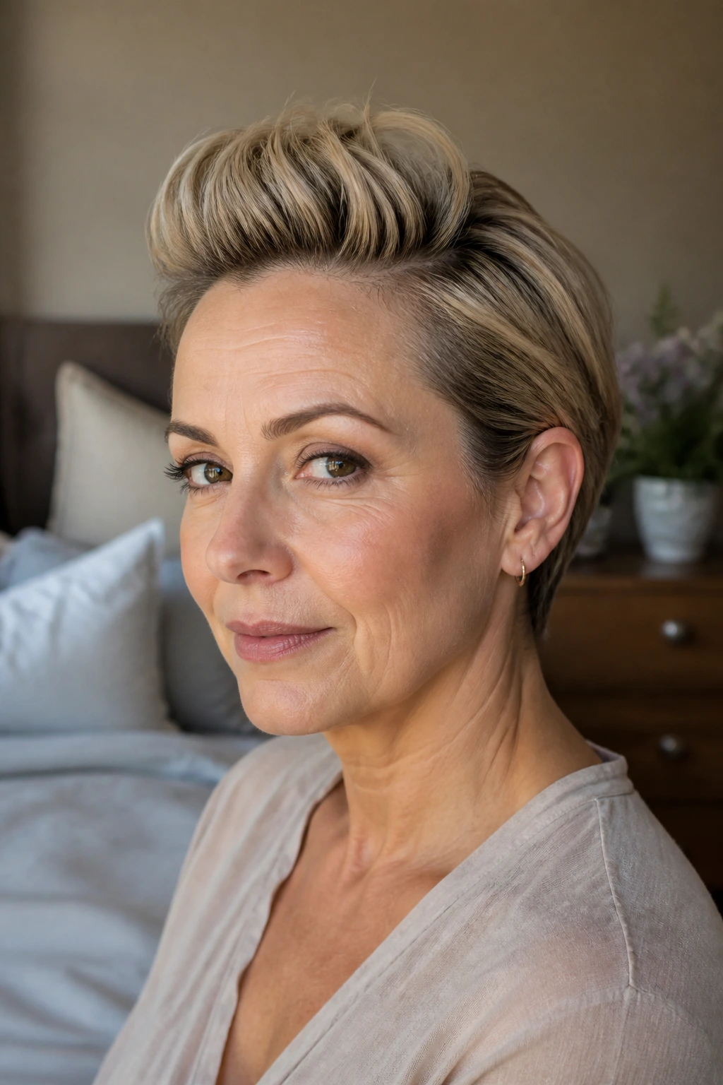 Close-up of a real woman with a tucked-side faux hawk, center ridge elevated