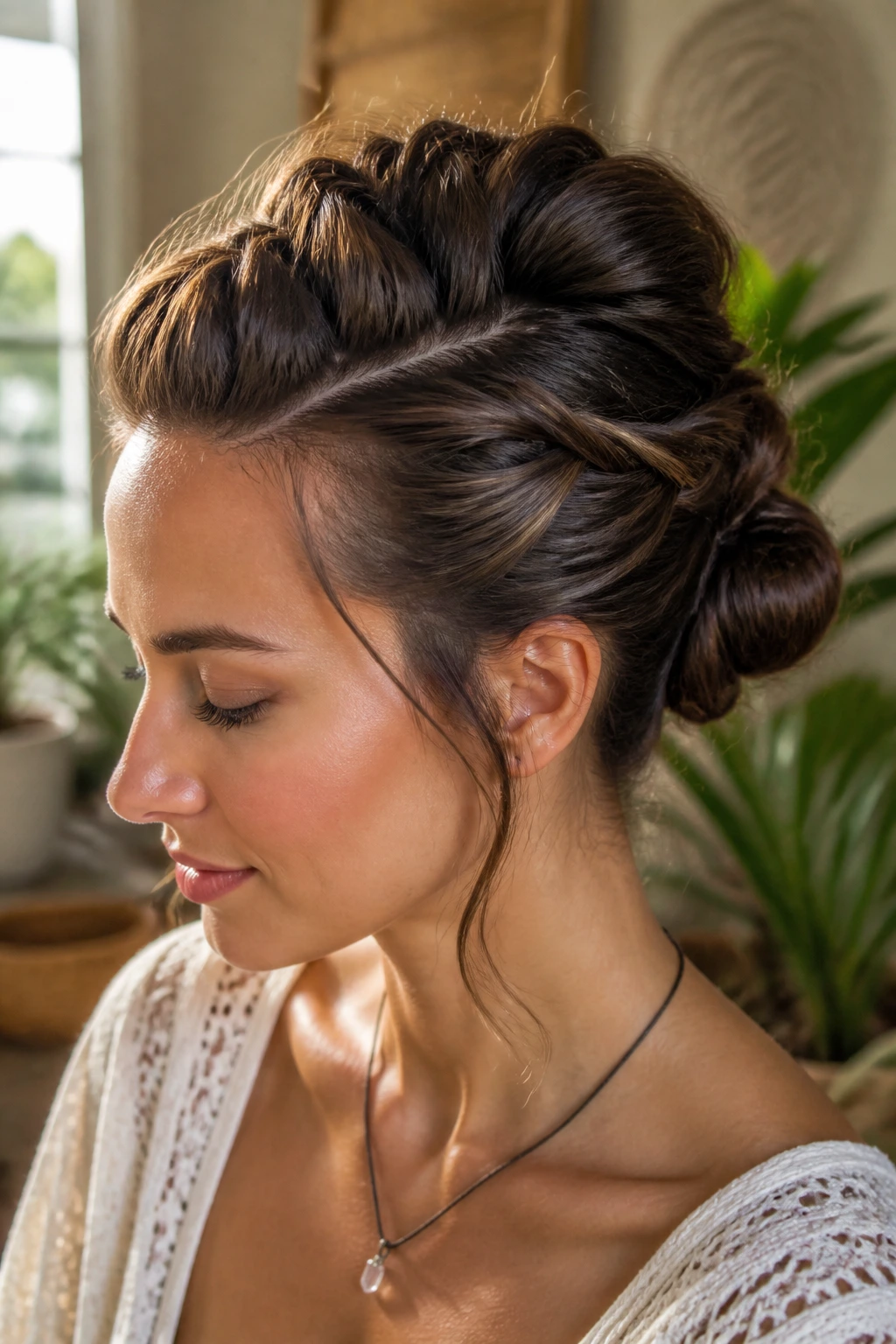 Close-up portrait of a real woman wearing a faux hawk twist bun in a sunlit boho setting