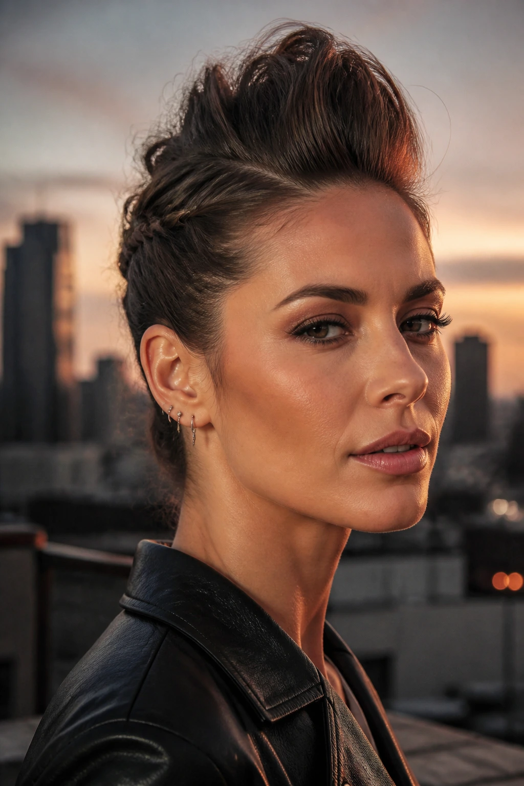 Real woman with faux hawk twist, center height silhouette against urban backdrop