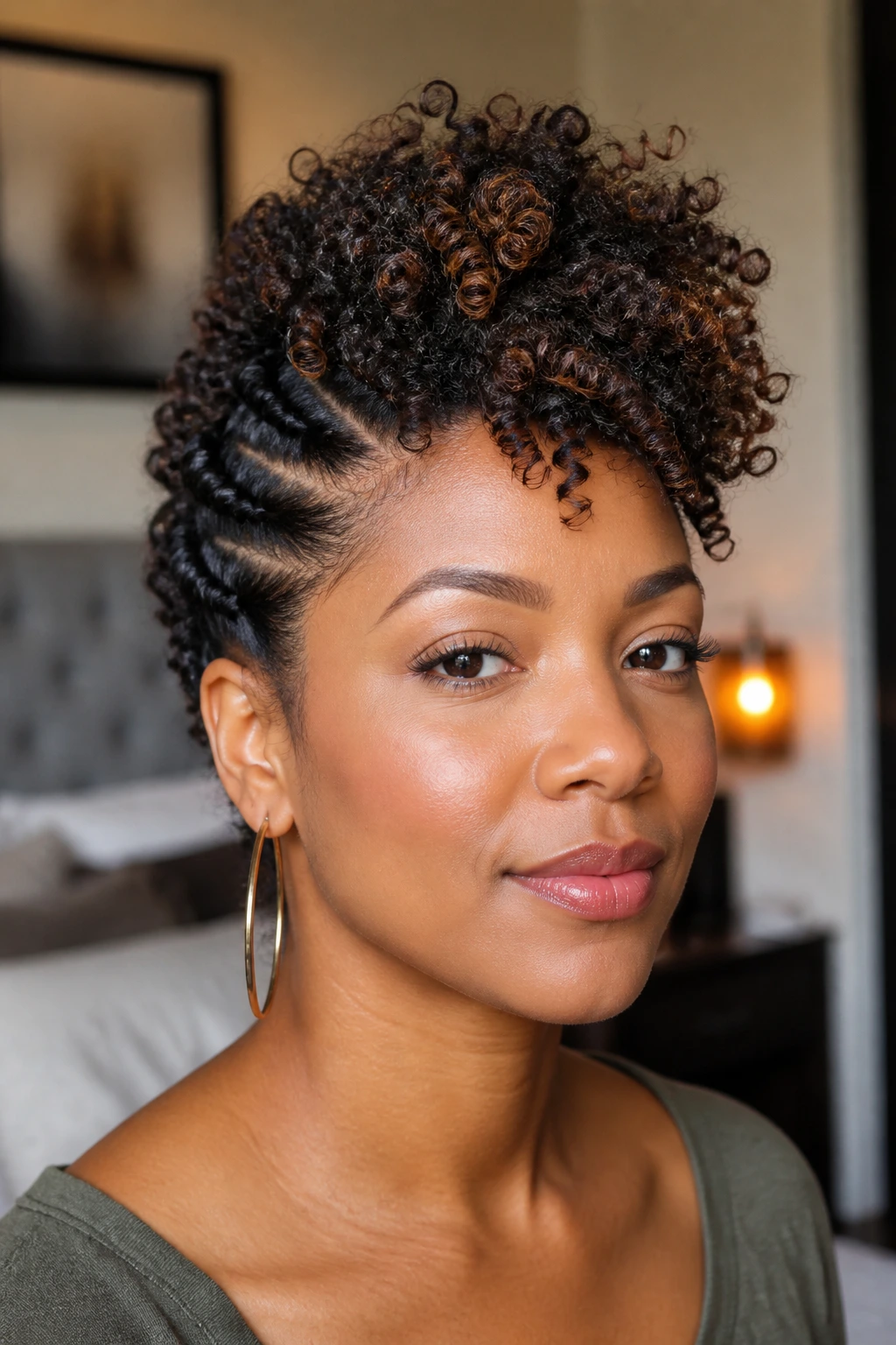 Portrait of a real person with a faux hawk twist-out, hair full in center