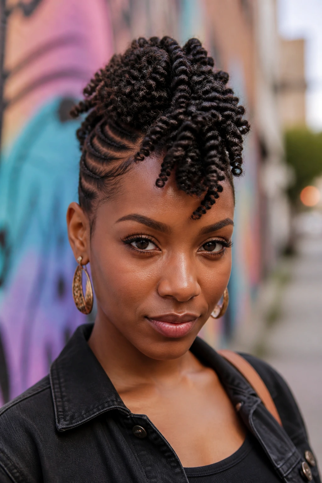 Close-up of a real person with a spring twist faux hawk