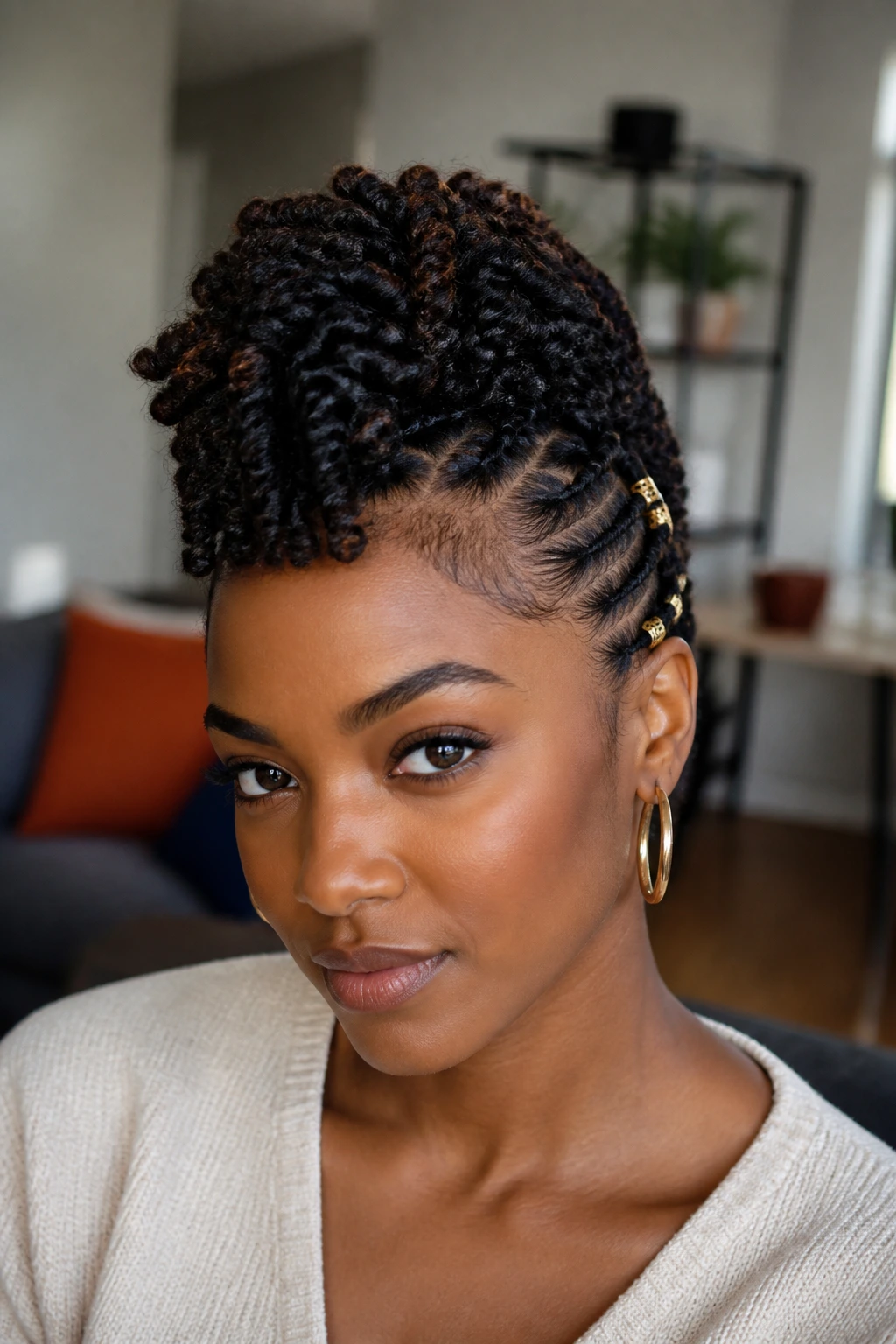 Portrait of a person with faux-hawk spring twists and pinned sides