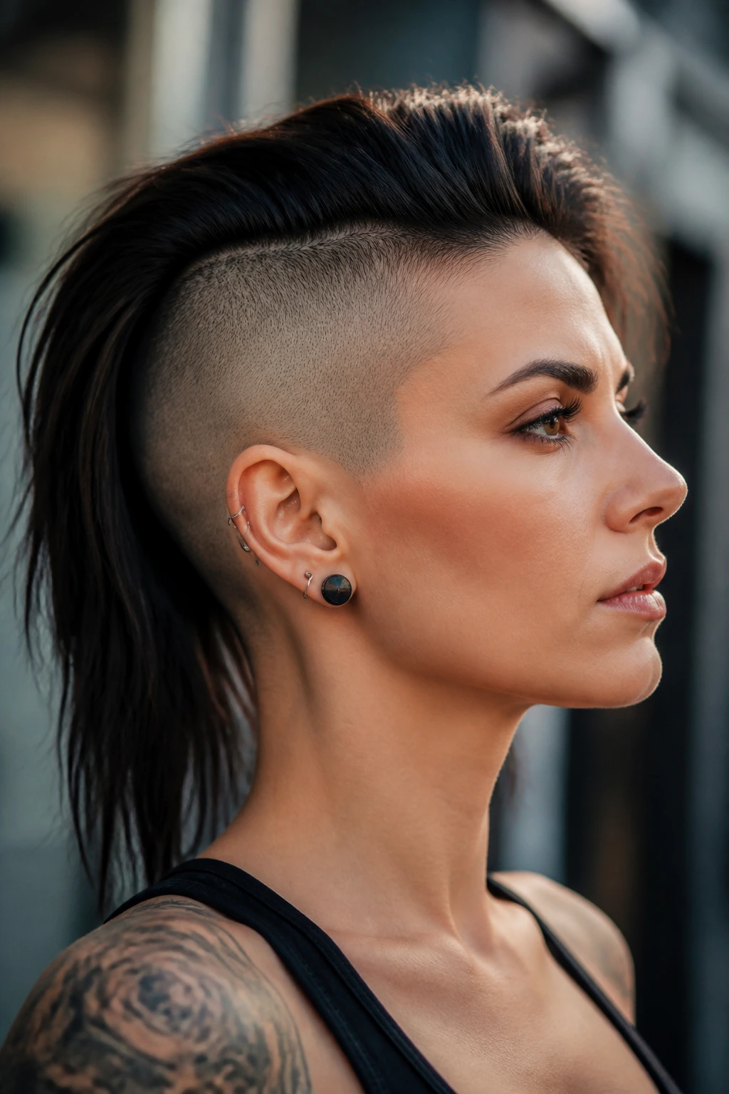 Close-up portrait of a real person with a faux hawk undercut