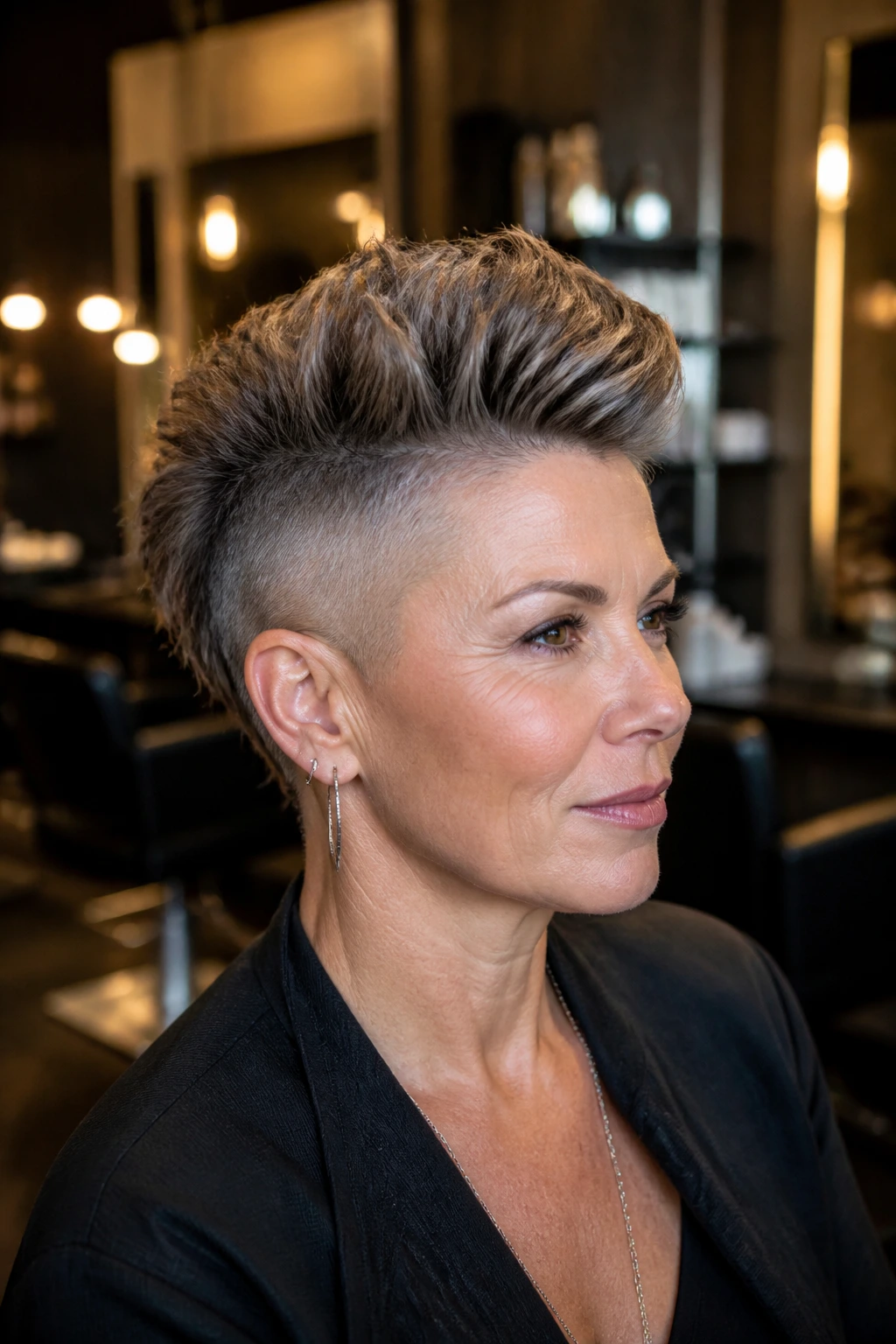 Close-up portrait of a real woman with a textured undercut faux hawk in a chic salon.