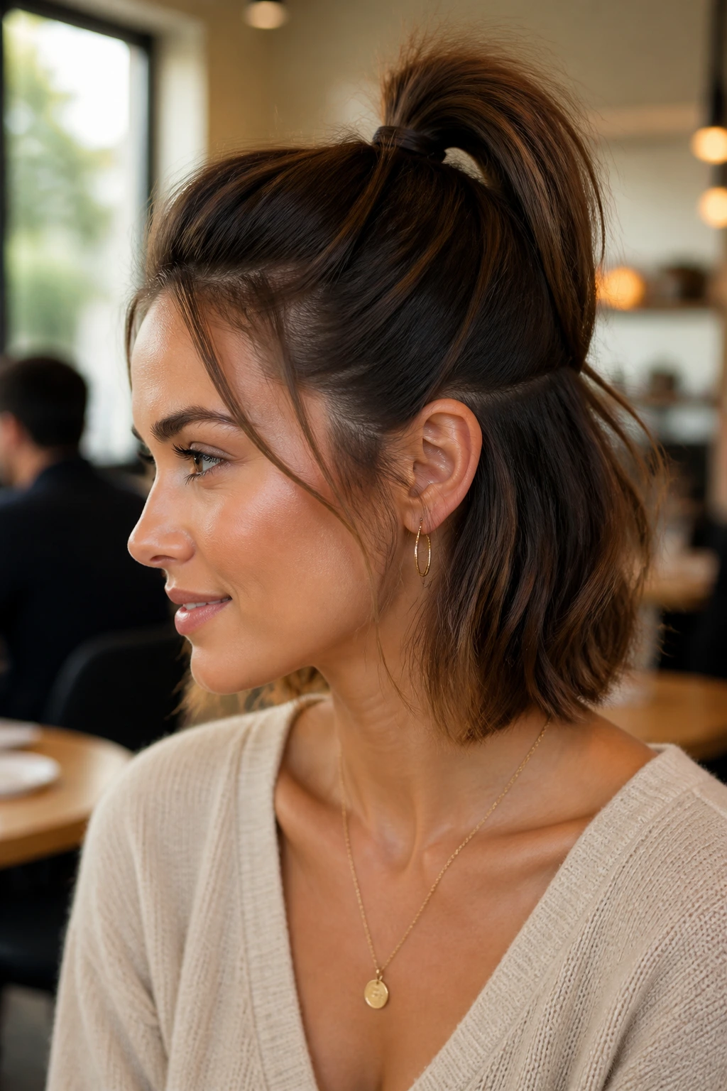 Portrait of a real woman with a faux-high pony illusion on short hair.