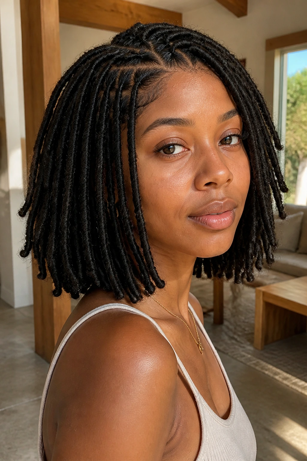 Close-up portrait of a real person with faux loc bob at chin length