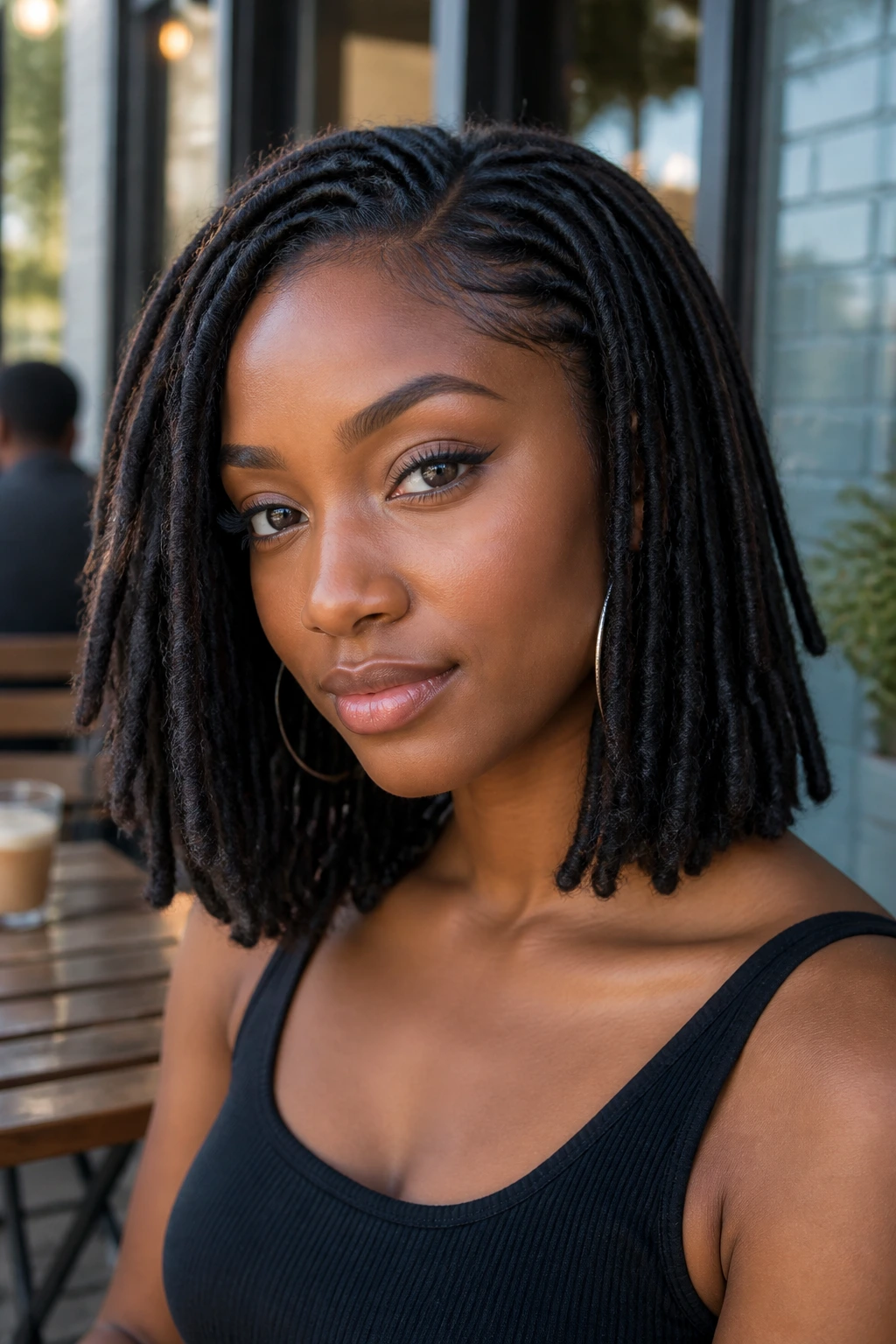 Portrait of real person with shoulder-grazing faux loc bob