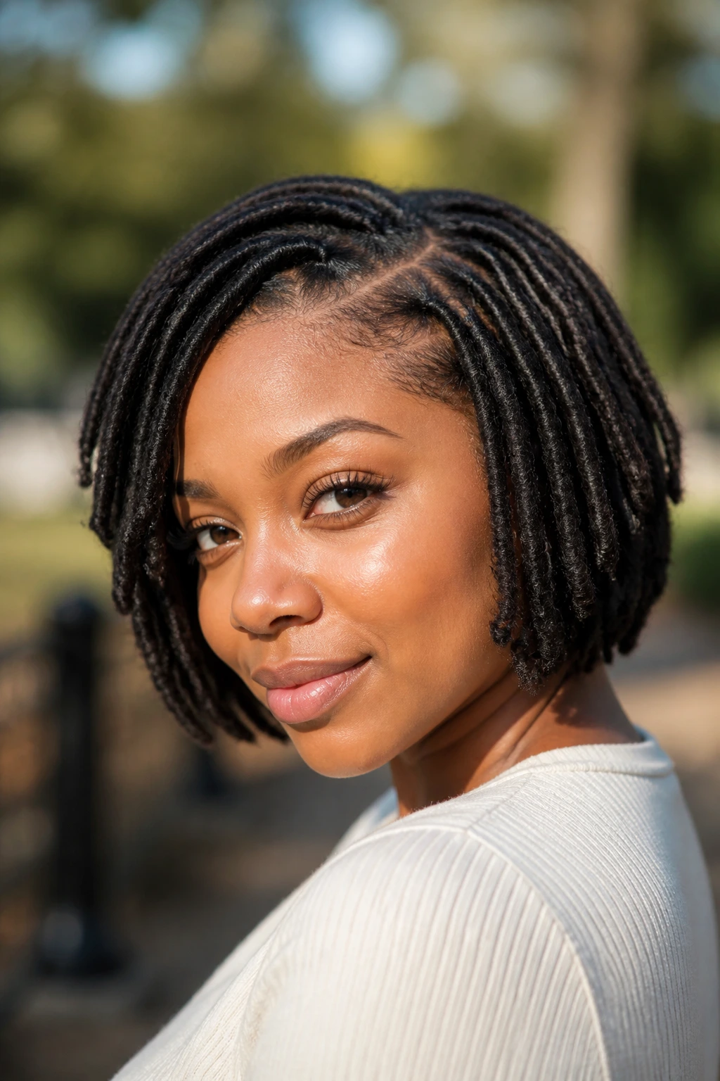 Close-up of a person wearing a chin-length faux loc bob with neat parts