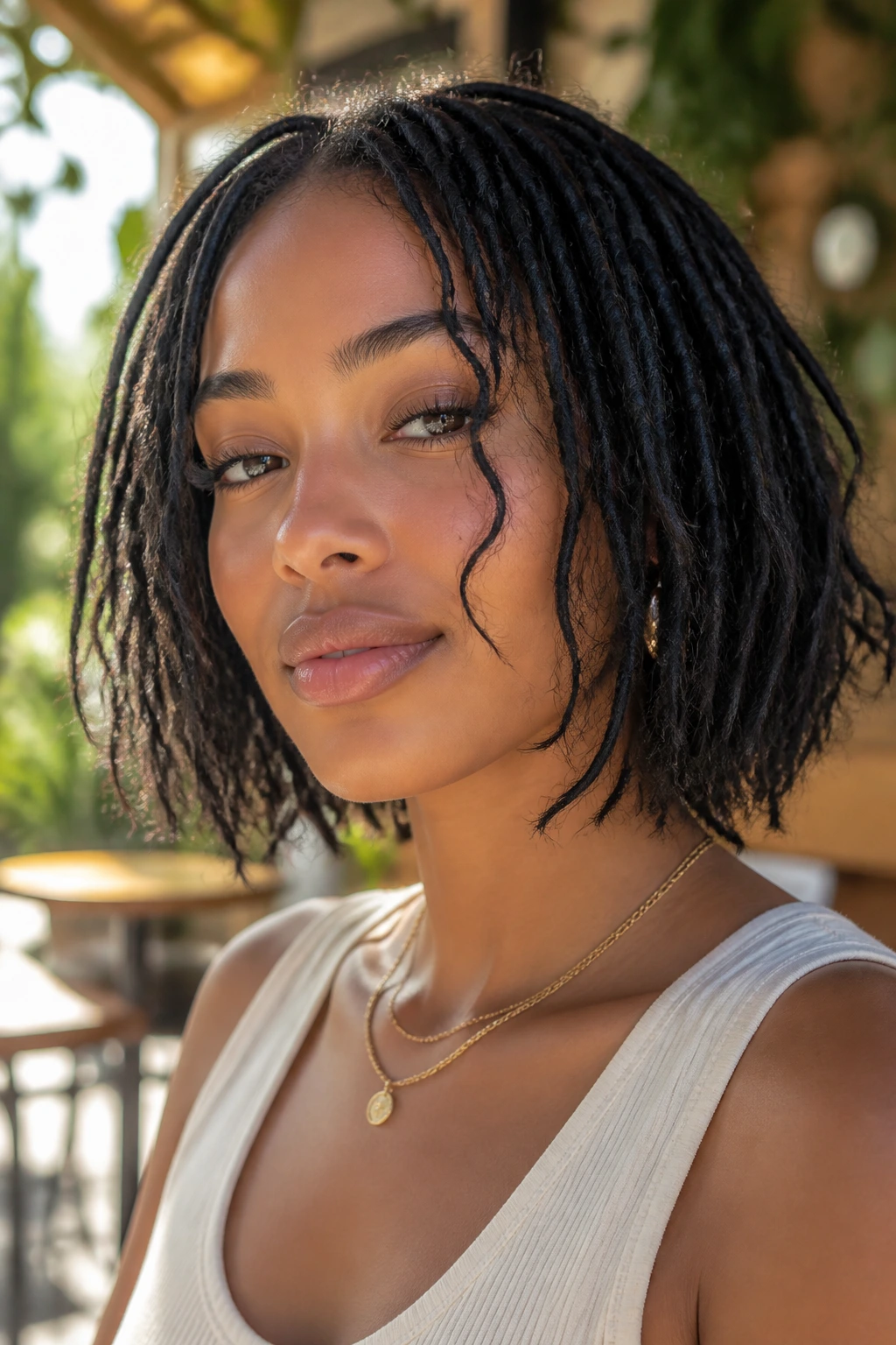 Close-up of faux loc bob with wispy ends on a real person