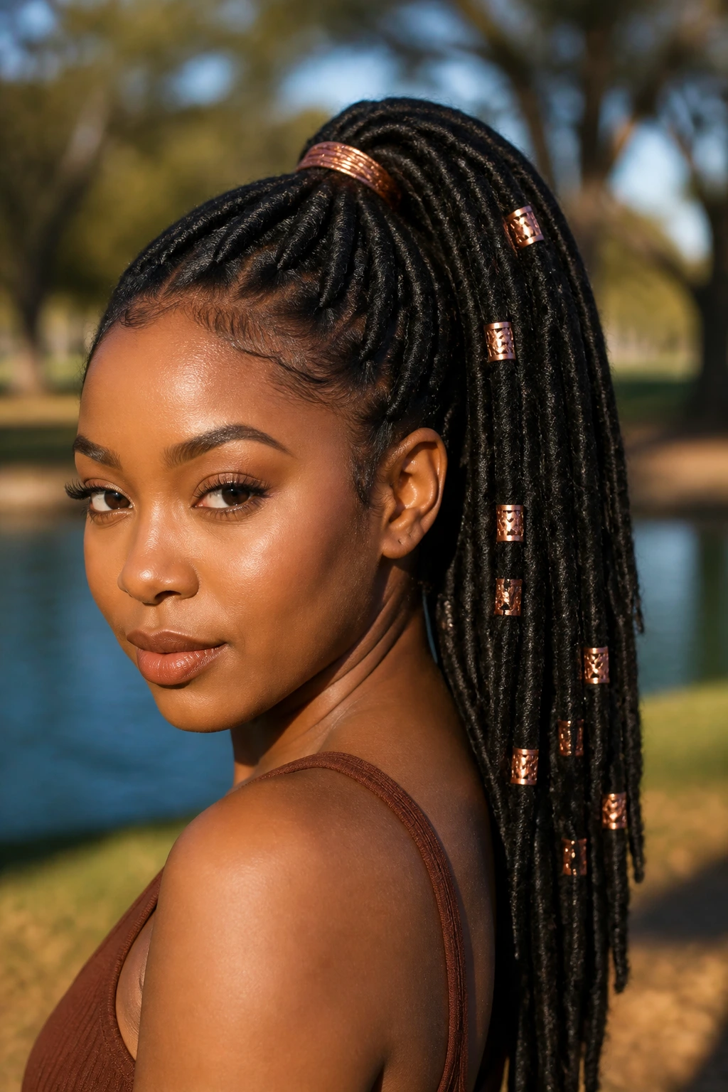 Real woman with faux locs ponytail and copper bead cuffs visible near the hair tie