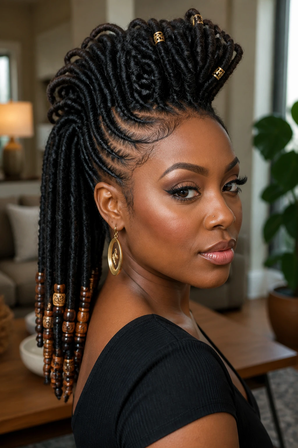 Close-up of a real woman with faux loc hawk and beads