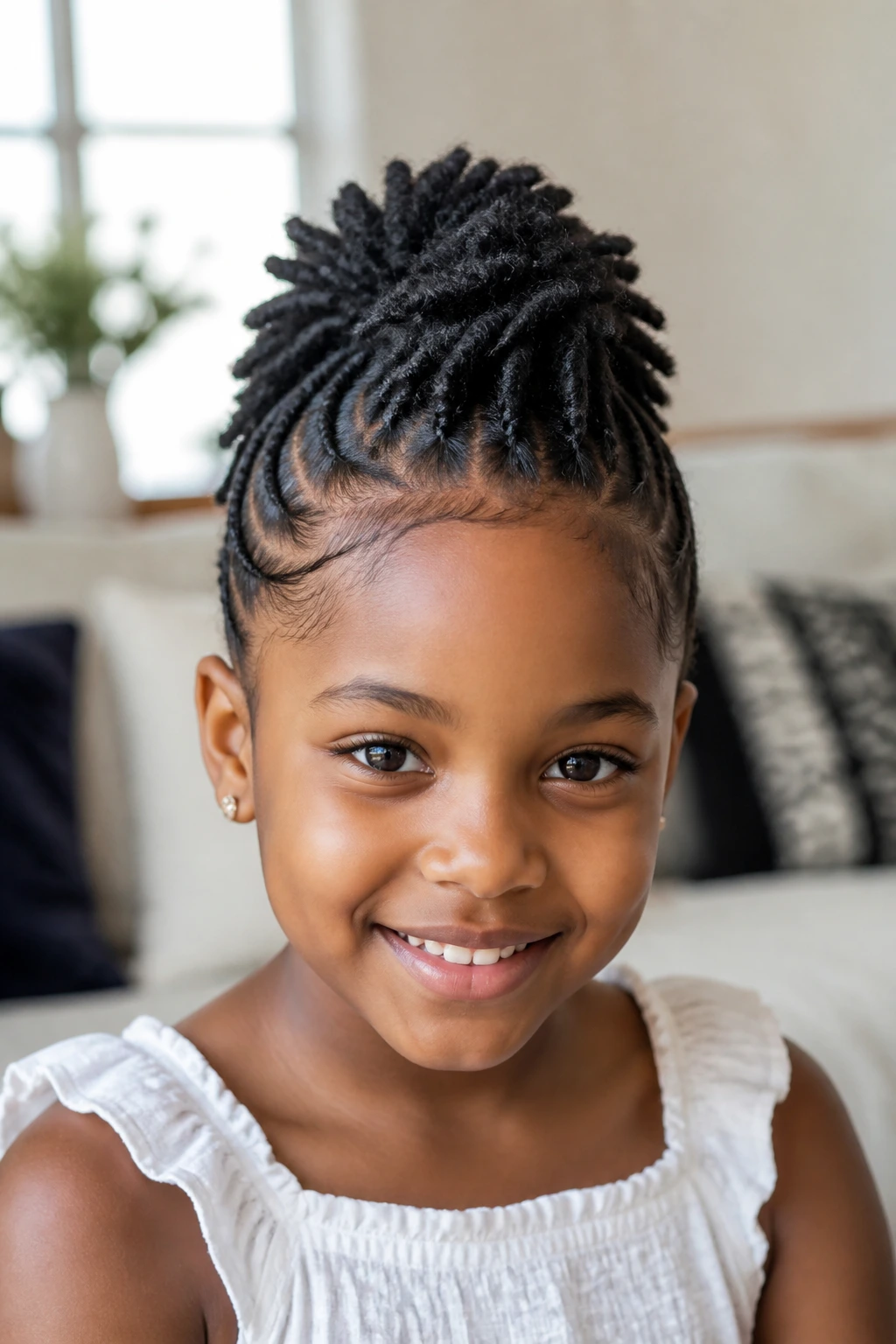 Close-up of a girl with faux loc mohawk ridge in a bright room