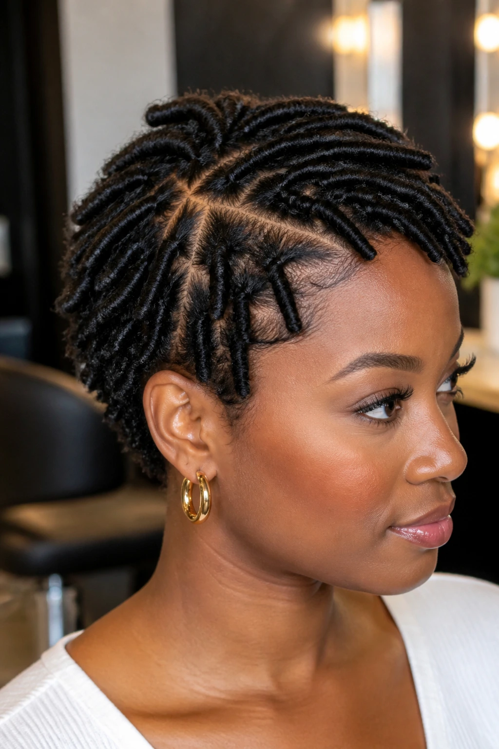 Close-up of real woman with free-part faux loc pixie hairstyle in warm natural light