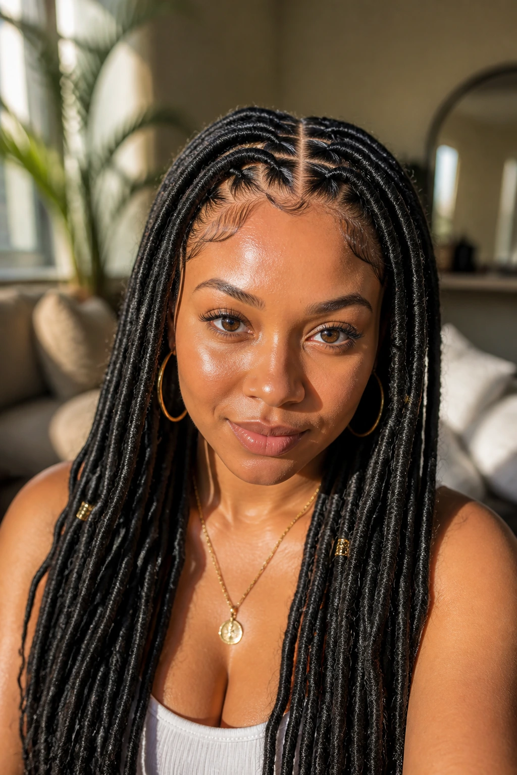Close-up portrait of a real woman with neatly parted faux locs and polished front