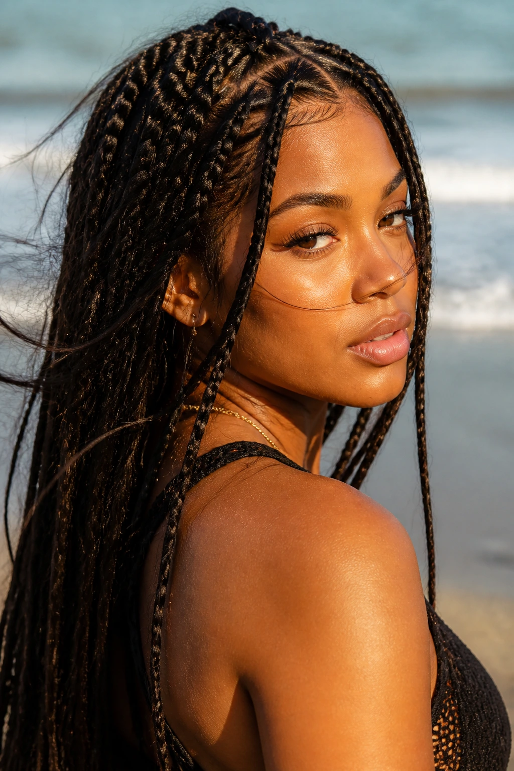 Close-up of a real woman with faux locs styled like braids on the beach
