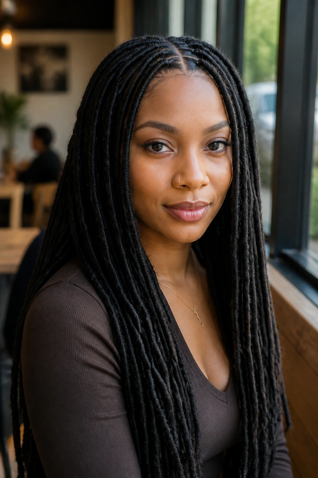 Close-up of waist-length faux locs center-parted on real woman