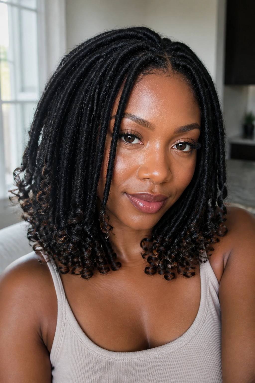 Close-up of a real person with faux locs featuring curled ends