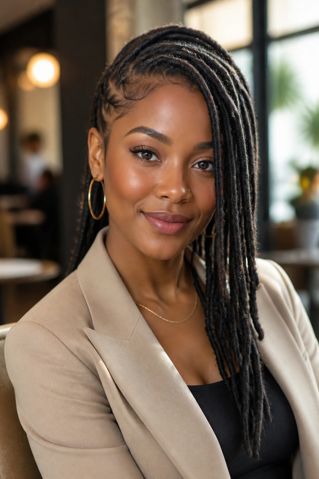 Portrait of a woman with face-framing faux locs and a deep side part in natural light.