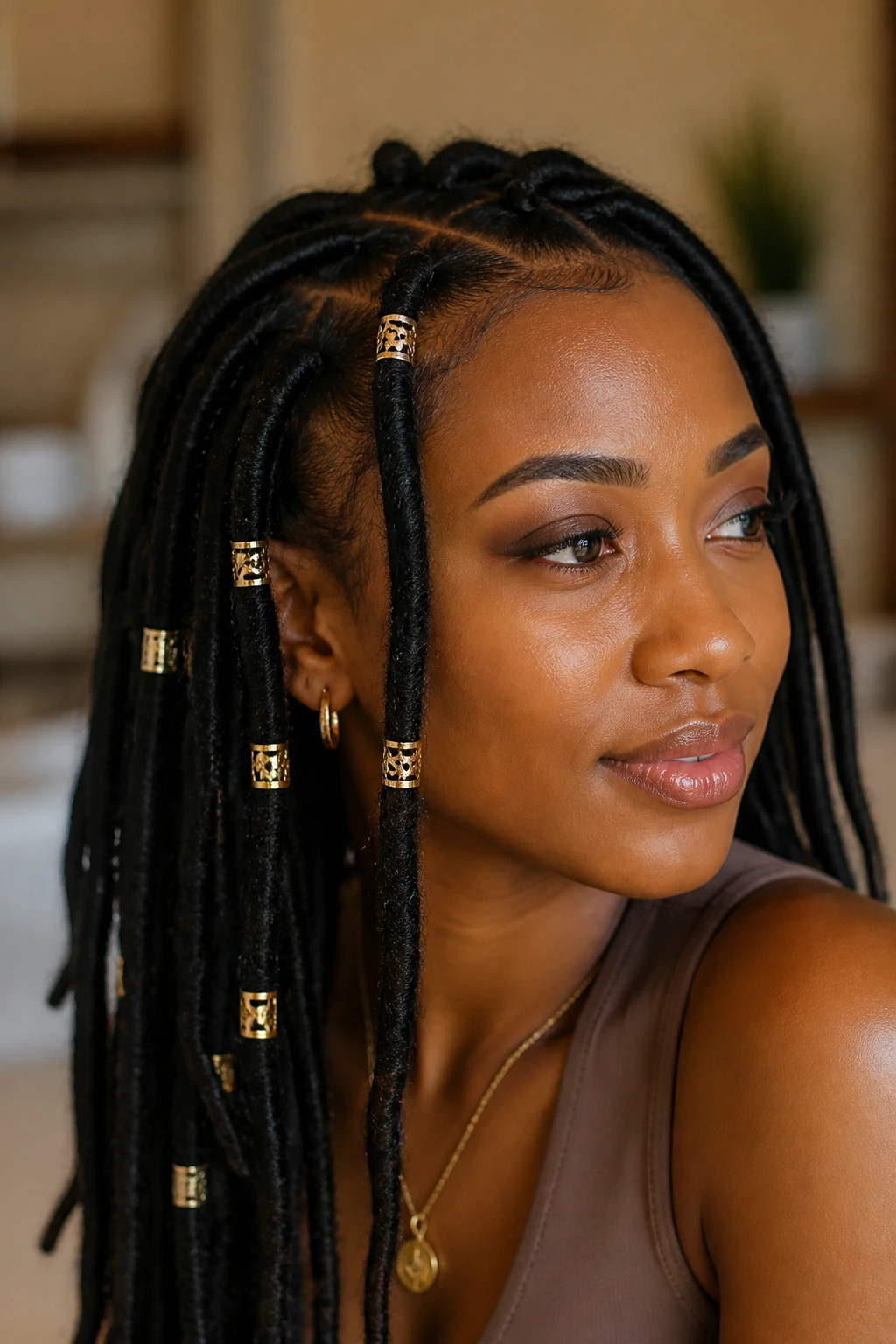 Close-up of faux locs with gold cuffs on a real person.