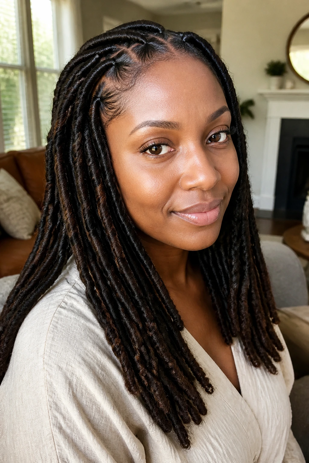 Close-up of a real woman with faux-loc-inspired Havana twists in a cozy living room