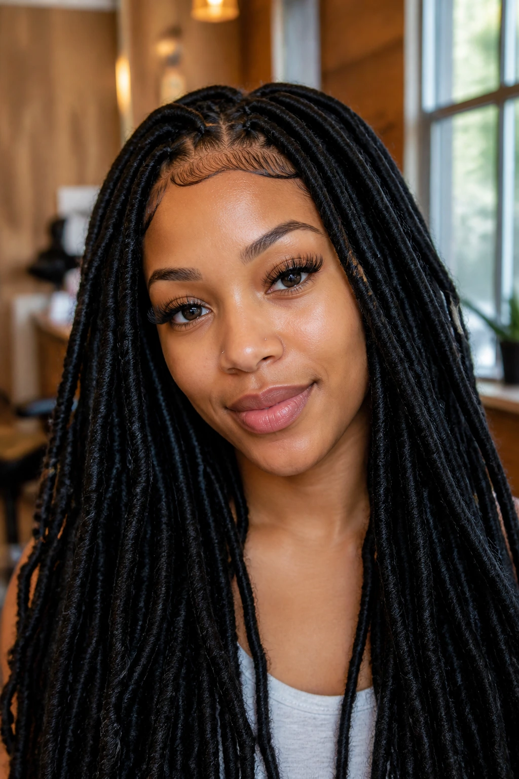 Close-up portrait of a real person with dense faux locs filling the frame