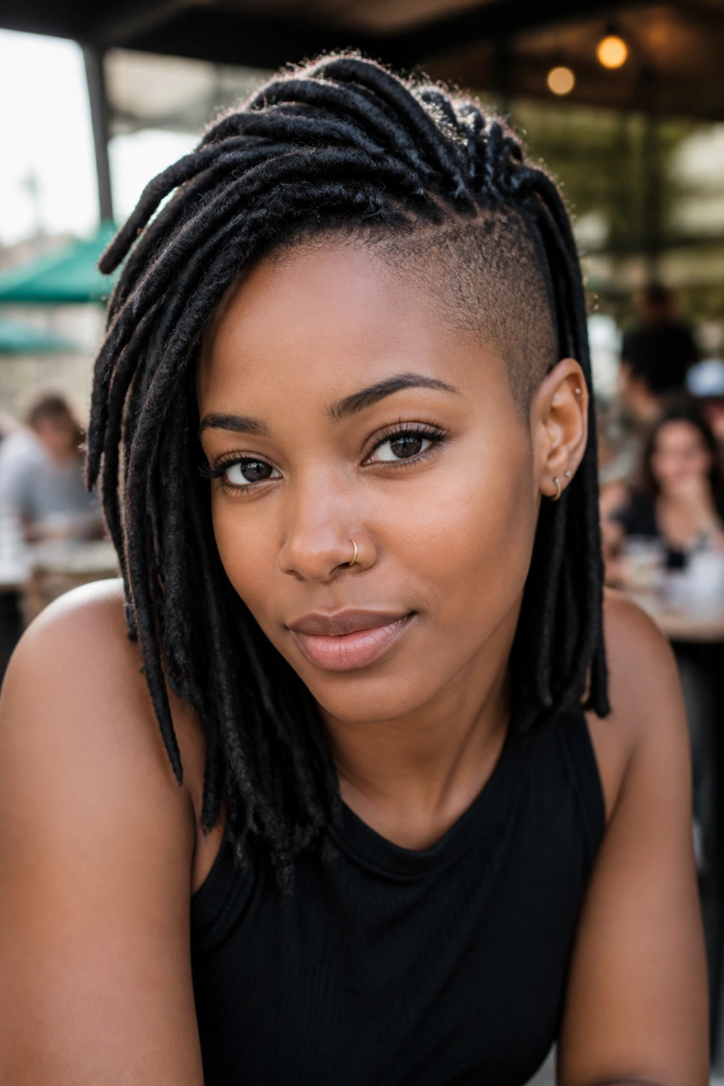 Close-up of a real woman with ropey faux locs and shaved sides