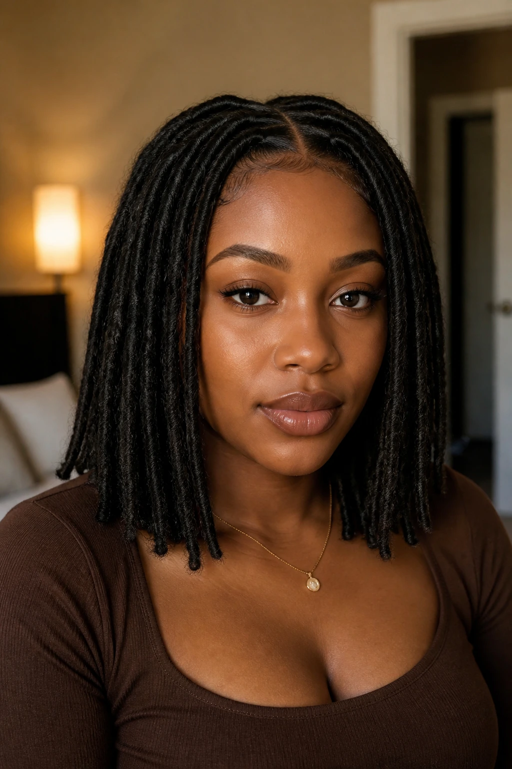 Close-up of a Black woman with shoulder-length faux locs in warm indoor light