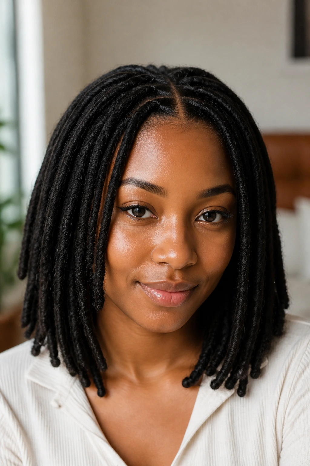 Close-up portrait of shoulder-length faux locs on a real person