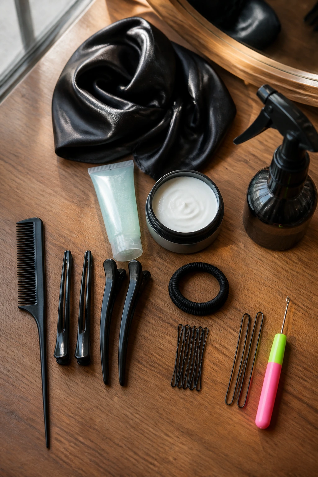 Top-down flat lay of faux locs tools on wood surface: rat-tail comb, clips, gel, mousse, satin scarf, hair ties, pins, spray bottle, crochet hook.