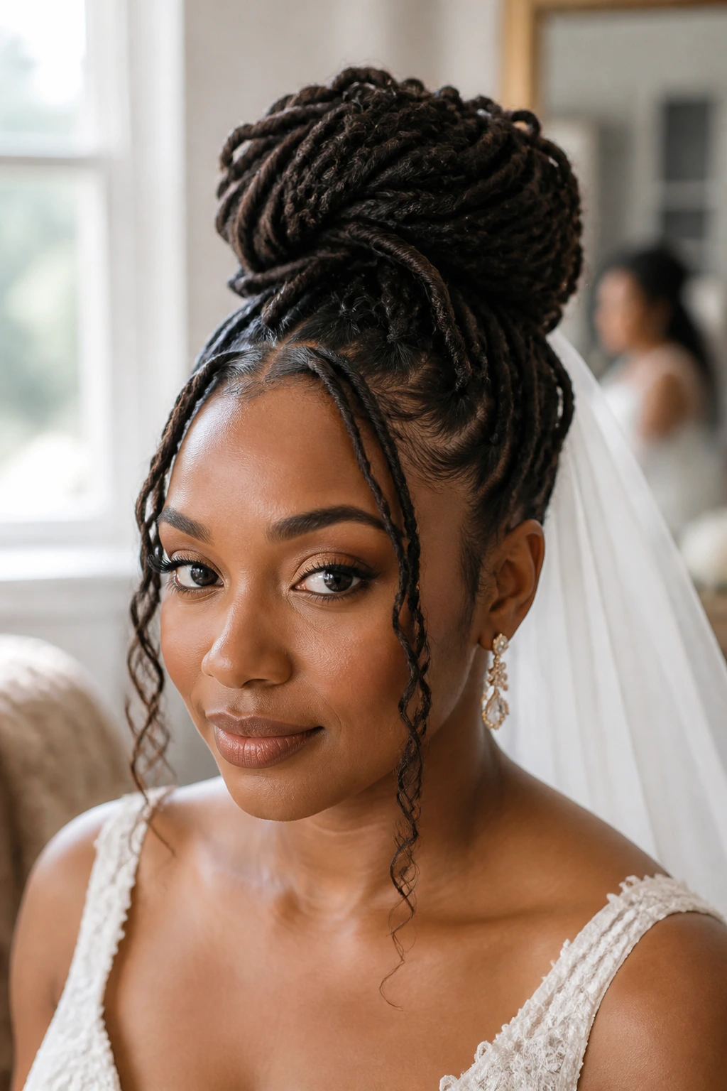 Bride with faux locs top knot and face-framing pieces
