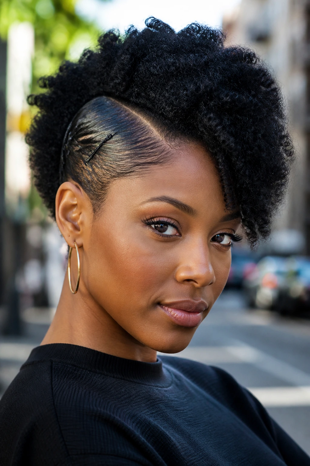 Real person with a faux side shave and contrasting hair texture