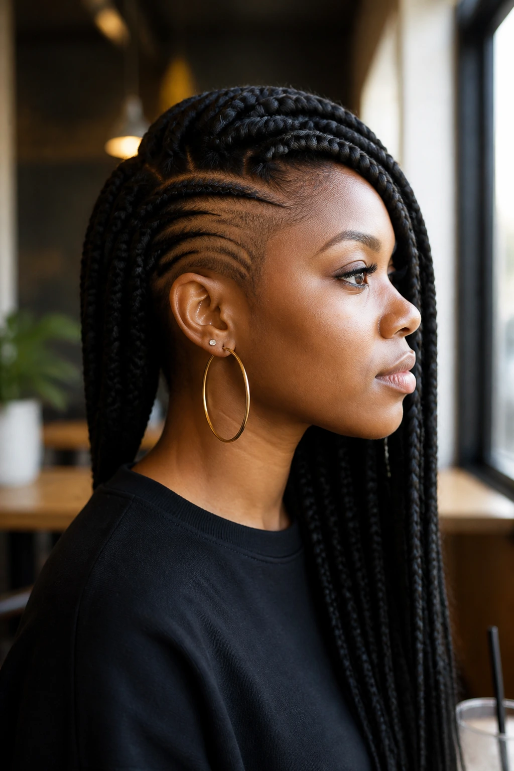 Side-profile of Black woman with faux undercut jumbo box braids