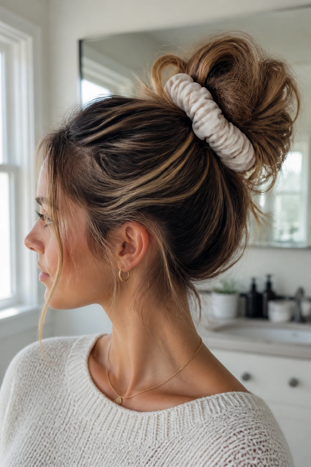 Close-up portrait of a woman with a voluminous scrunch bun
