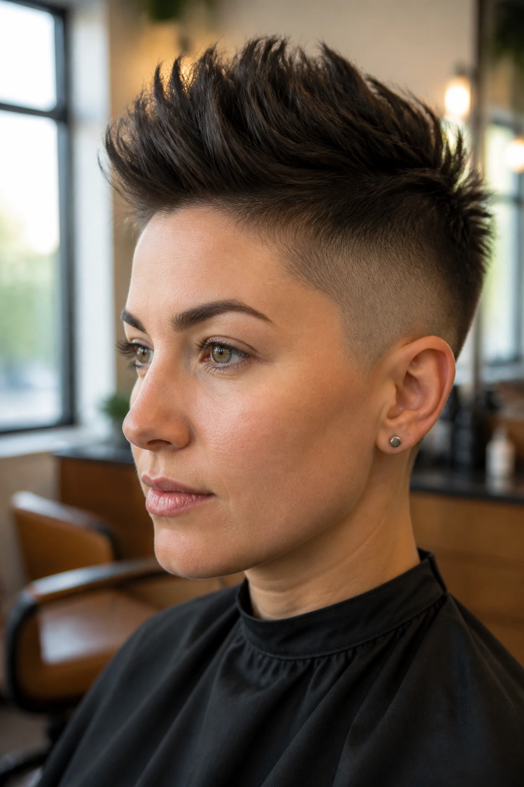 Close-up portrait of a person with a wearable faux hawk fade in a salon