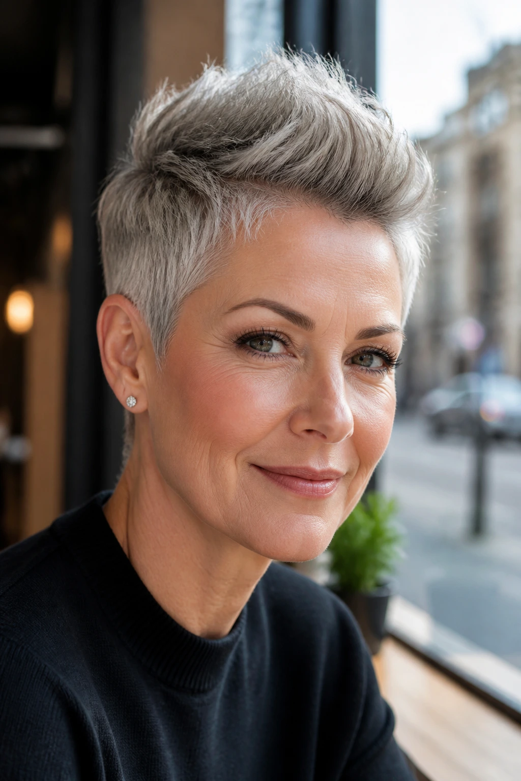 Close-up of woman with center-lift faux-hawk pixie hairstyle