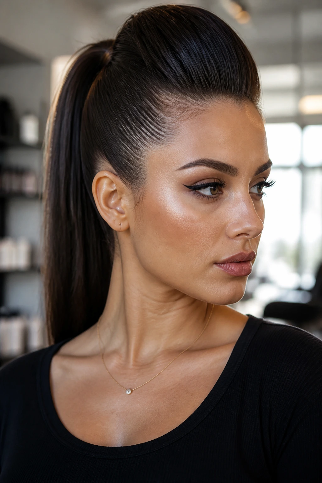 Close-up of a real woman with a Faux-Hawk Ponytail featuring a high center ponytail and slick sides on straight hair