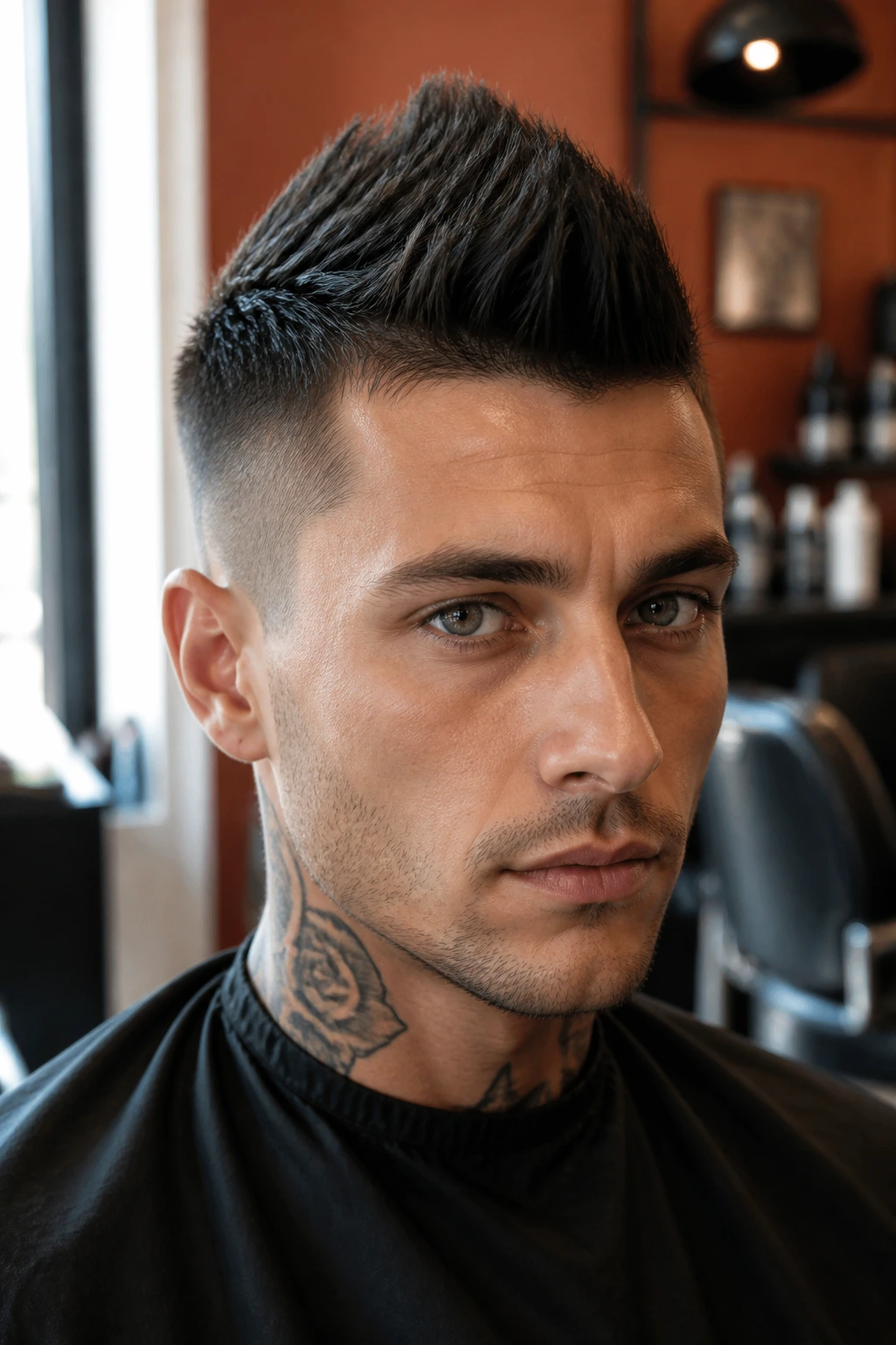 Close-up of real person with centered faux hawk and tapered sides in a salon