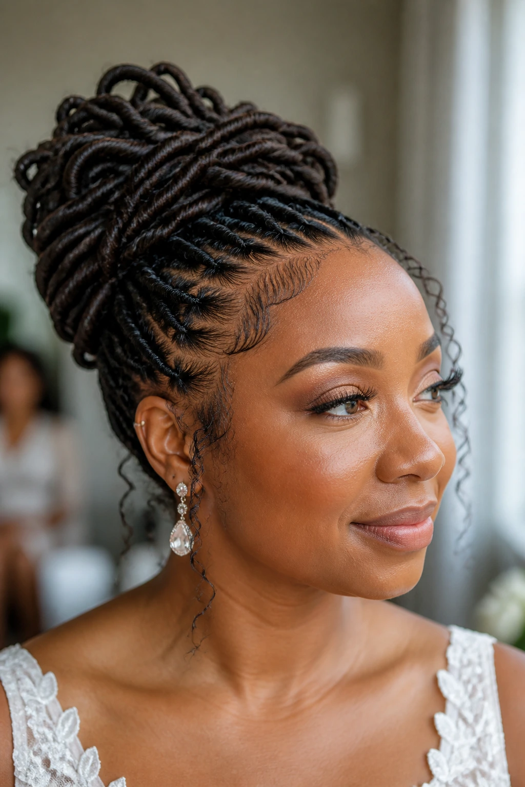 Close-up of real bride with faux loc updo hairstyle