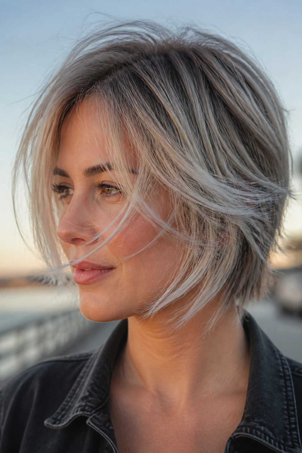 Real person with feather cut and icy tips in golden hour light