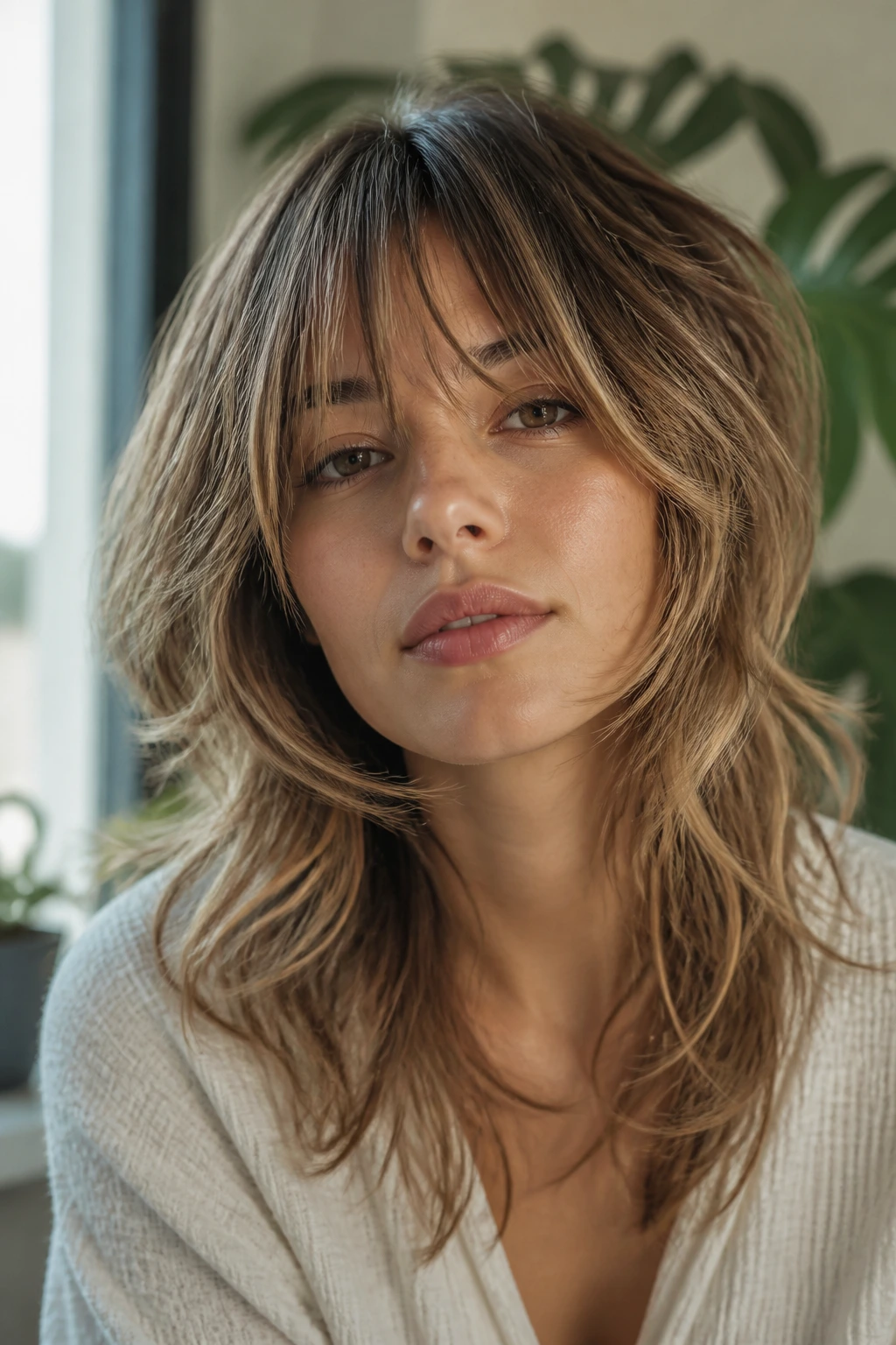 Close-up portrait of a real person with a feather-edge wolf cut and long fringe