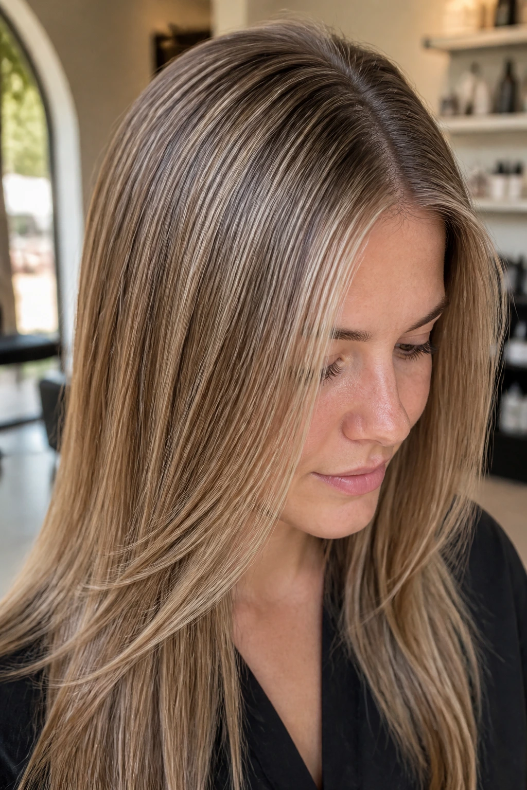 Real woman with feather-fine babylights on straight hair in a sunlit salon