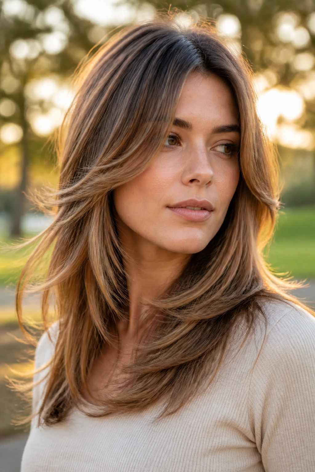 Real person with feather-forward layers and tapered ends portrait in park at golden hour