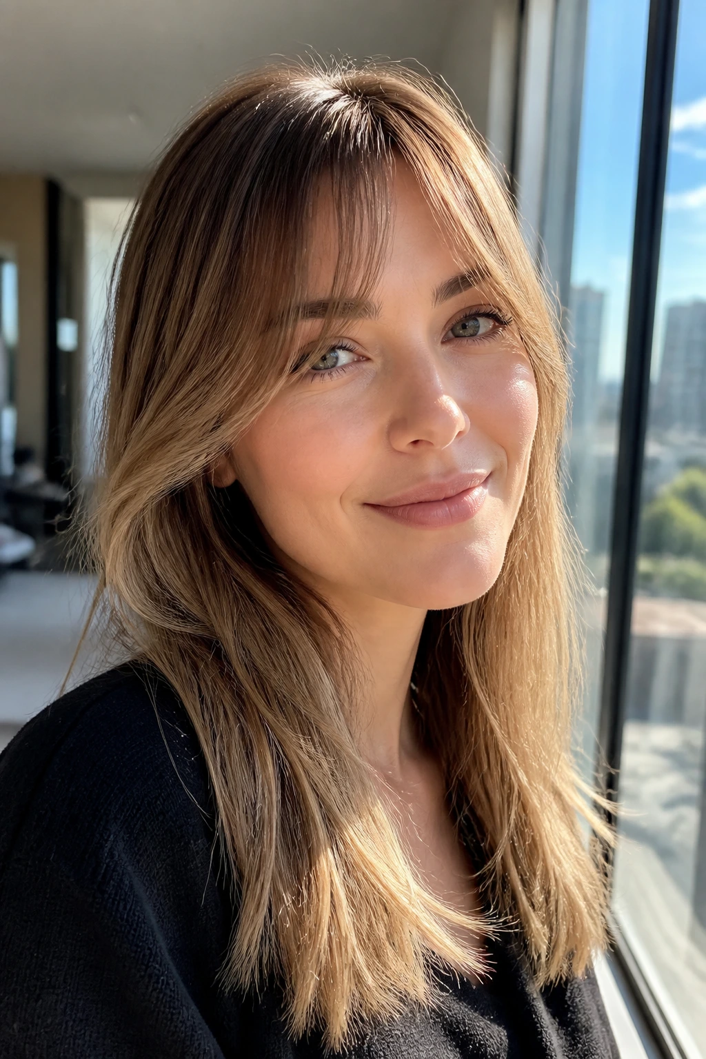 Portrait of a real woman with feather-light bottleneck bangs in bright daylight