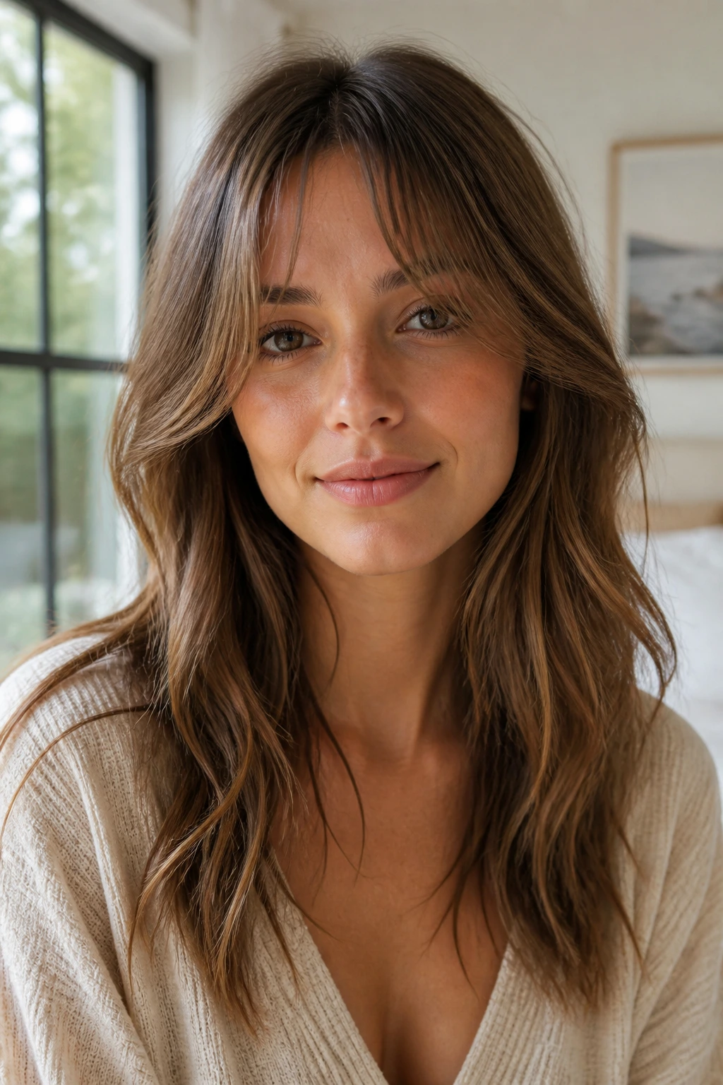 Medium close-up of a real woman with feather-light curtain bangs