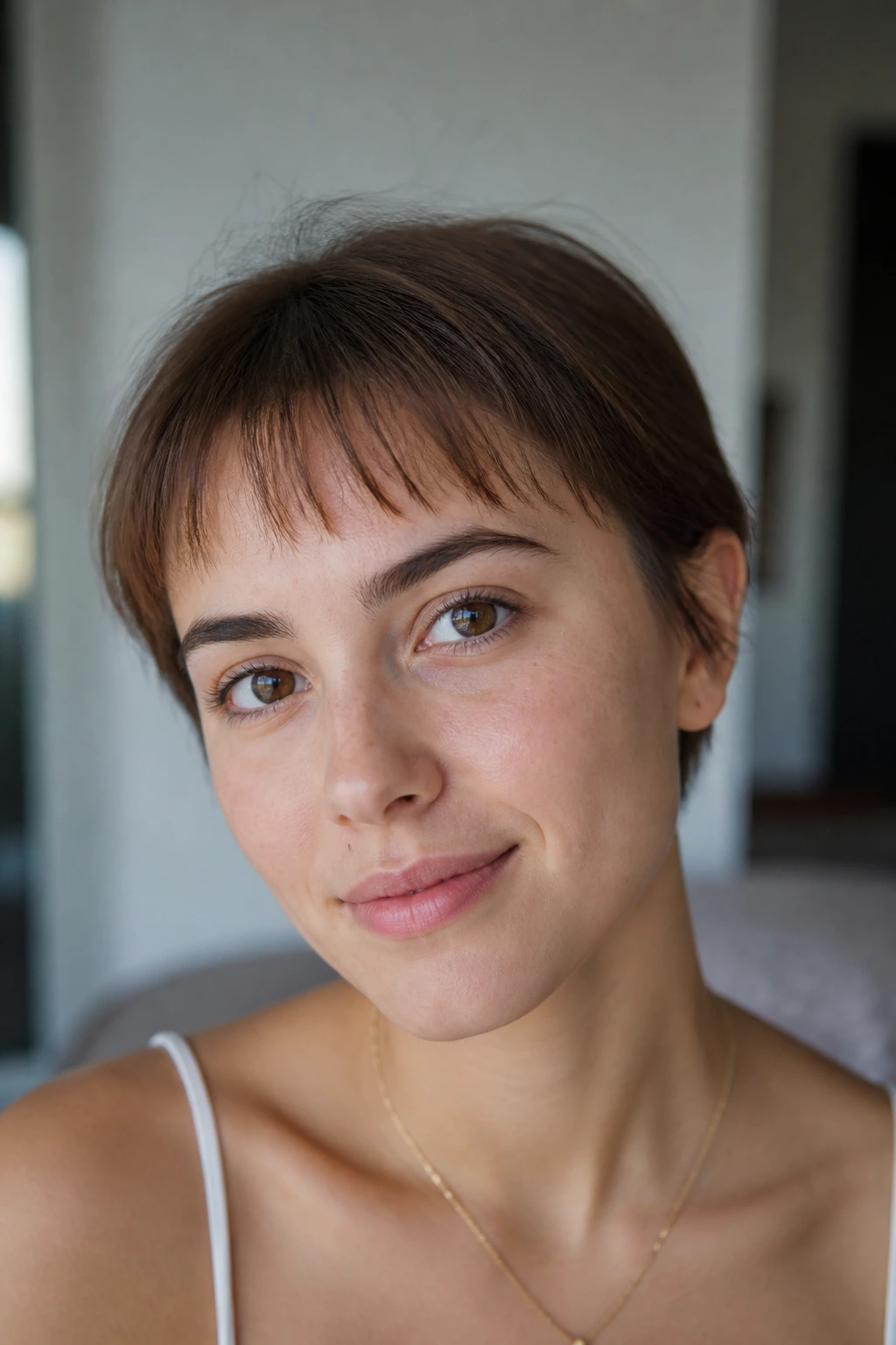 Feather-Light Baby Fringe close-up showing airy fringe above brows